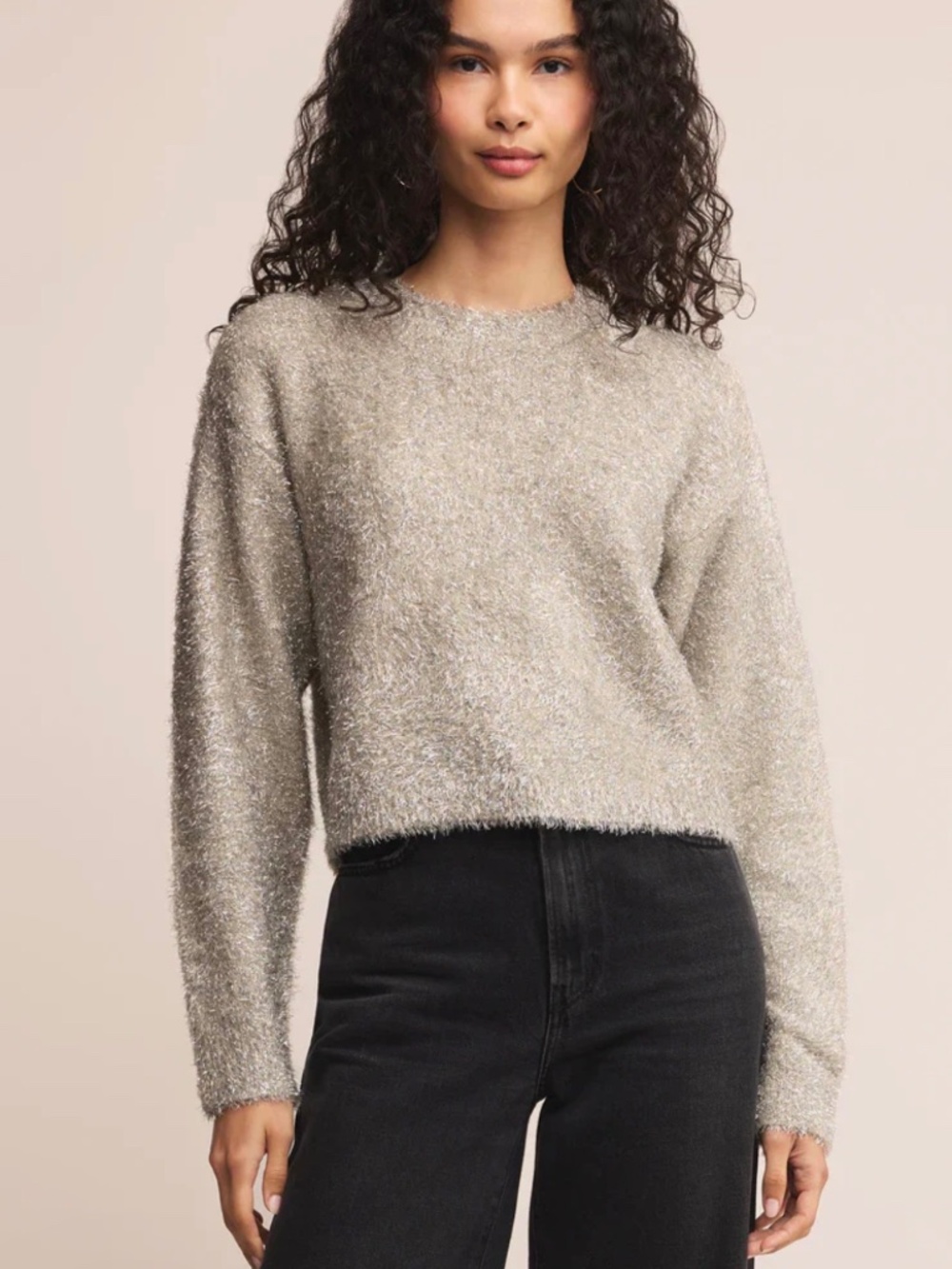 Z Supply Tinseltown Boyfriend Sweater Silver Metallic Eyelash Knit Small